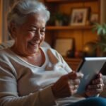 Elderly woman smiling while using a tablet at home