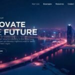 Futuristic city skyline with neon lights and a startup-themed website