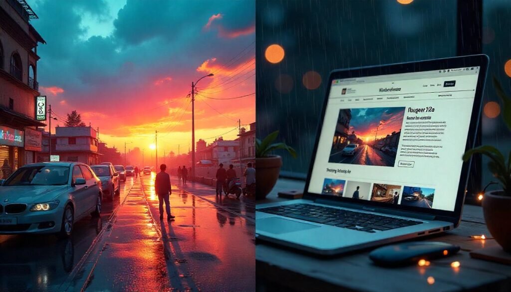 Urban street at sunset and close-up of a laptop showing the photo