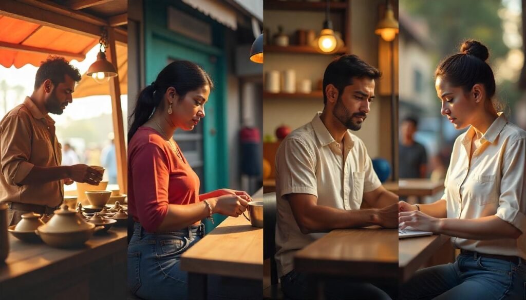 Candid portraits of two men and two women in different café scenes with warm lighting
