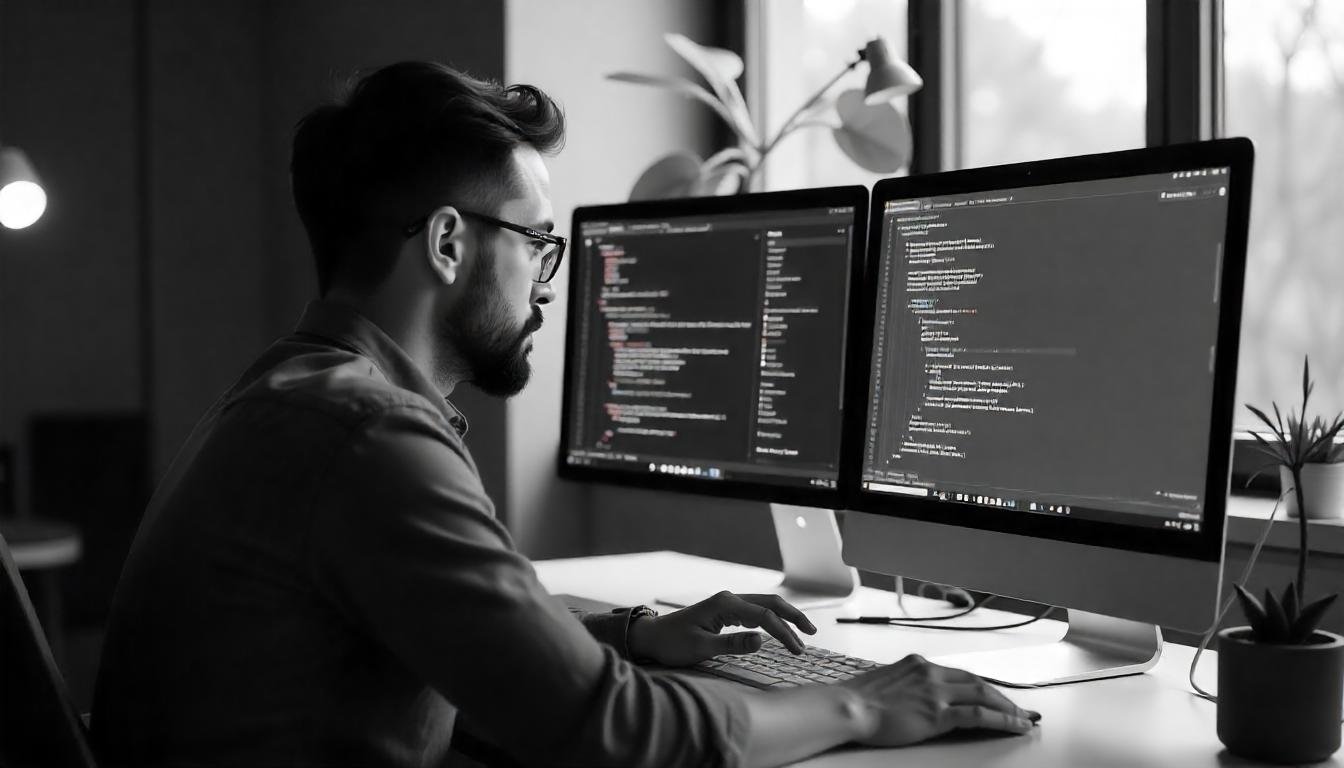 Web developer coding on dual monitors in a modern workspace