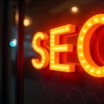 Illuminated SEO signage glowing in orange lights on a glass wall