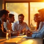 Team of professionals in a business meeting during sunset with warm lighting