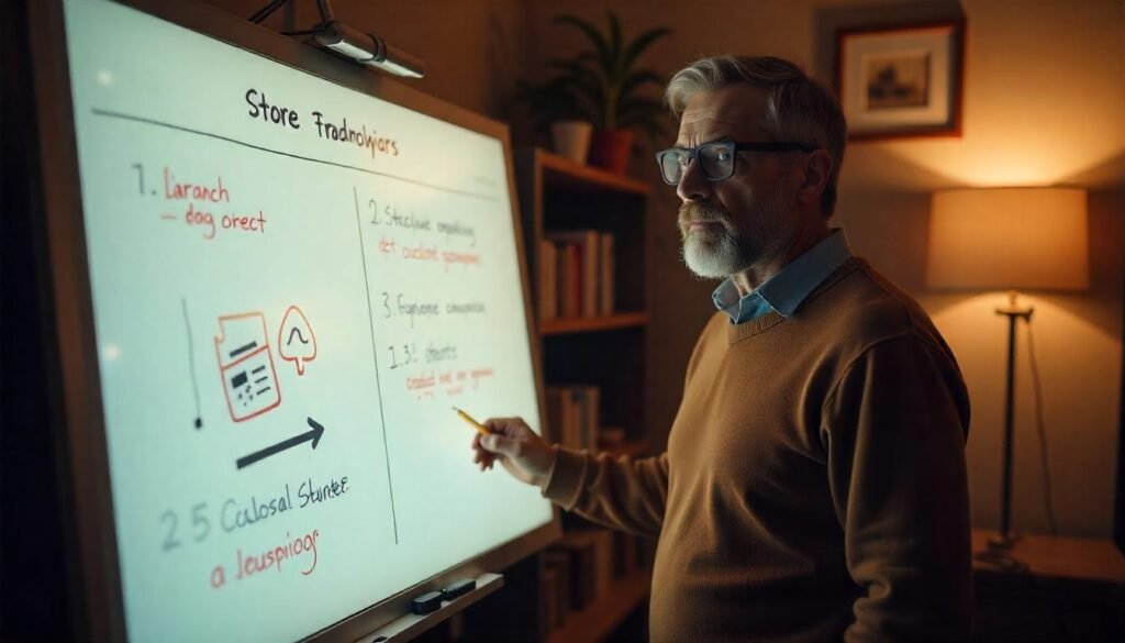 Senior professional presenting a strategy on a whiteboard in a cozy office environment