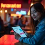 Young woman using a tablet at a vibrant neon-lit café with marketing dashboard open