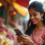 Smiling woman using smartphone in a colorful Indian street market