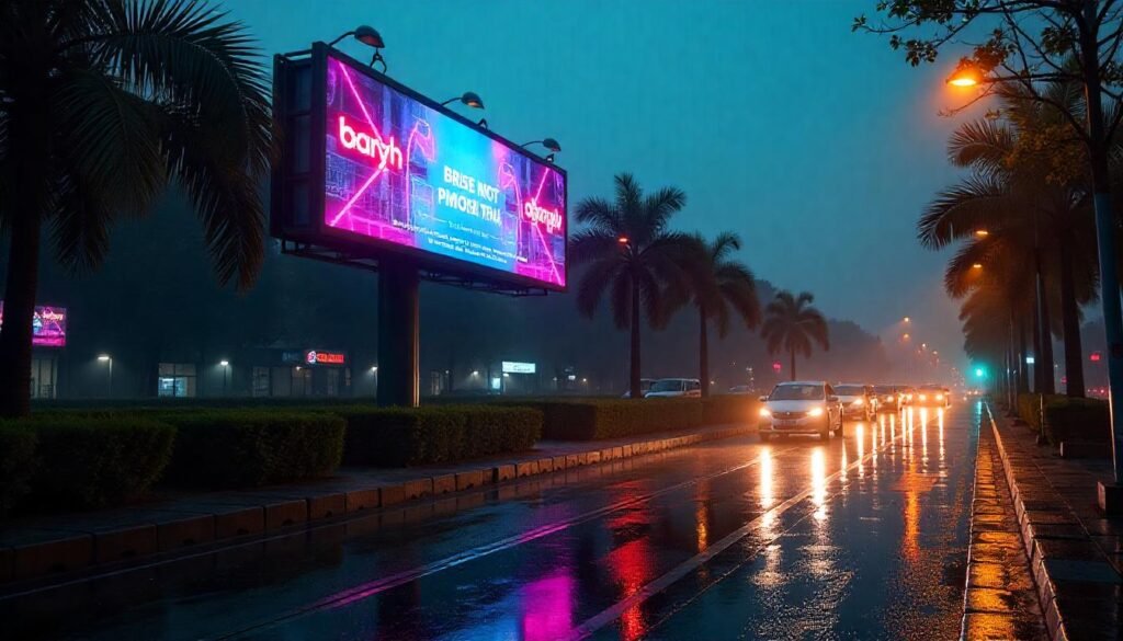 Neon-lit billboard on a rainy urban road with palm trees and car headlights at night