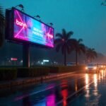 Neon-lit billboard on a rainy urban road with palm trees and car headlights at night