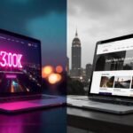 Two laptops showcasing dark and light themed website mockups