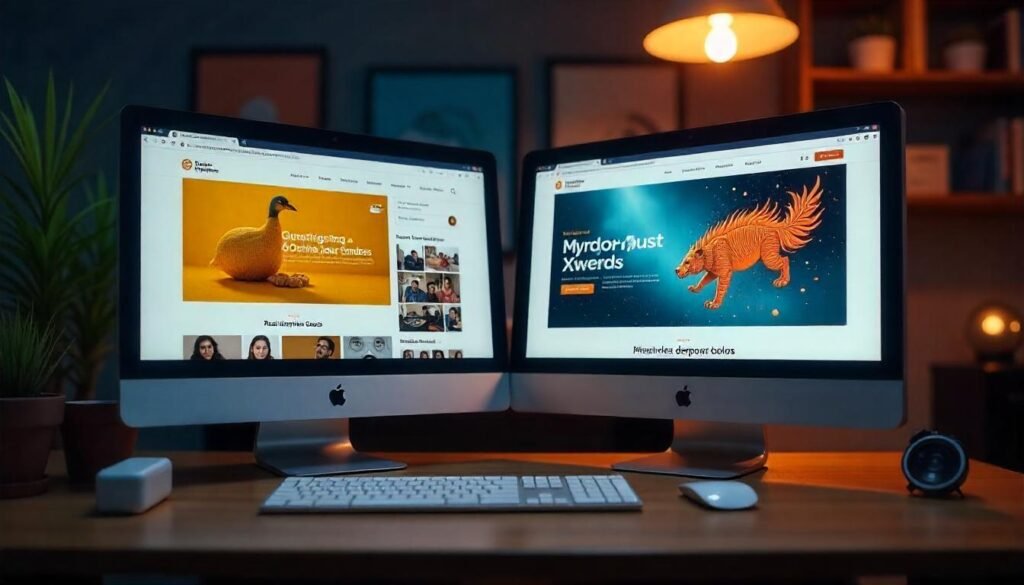 Two Apple iMacs showing modern creative websites on a designer’s desk