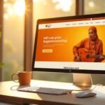 iMac showing an artist-themed website beside sunlit window and coffee mug