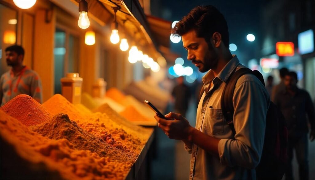 Bustling Raipur marketplace with digital customer connections.