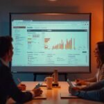 Business meeting with analytics dashboard projected on screen