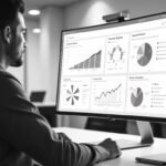Man analyzing dashboard with graphs and pie charts on a curved monitor in black and white