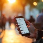 Person holding smartphone with CRM or contact app open during sunset