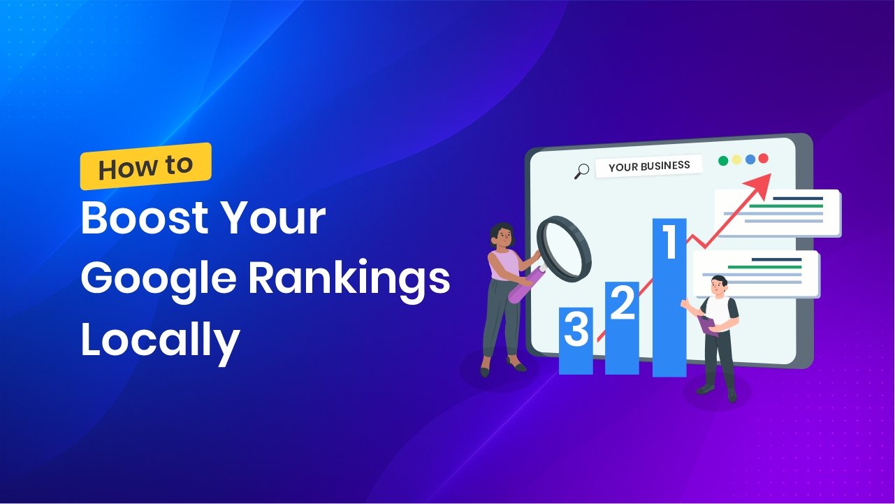 Illustration of two characters analyzing search ranking data on a screen, with ranking bars labeled 1, 2, and 3, and an upward graph showing SEO success.