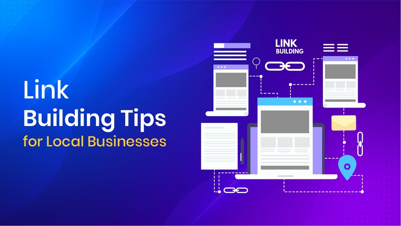 Illustration of link-building between websites and content pages, showing connections with chain icons, location pins, and email elements.