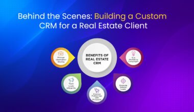 Visual showing key benefits of building a custom real estate CRM – lead tracking, referrals, follow-ups, marketing, and info sharing.