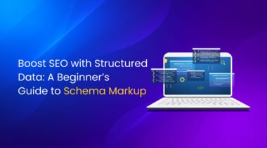 Laptop screen with code blocks illustrating schema markup for SEO on a vibrant blue and purple gradient background