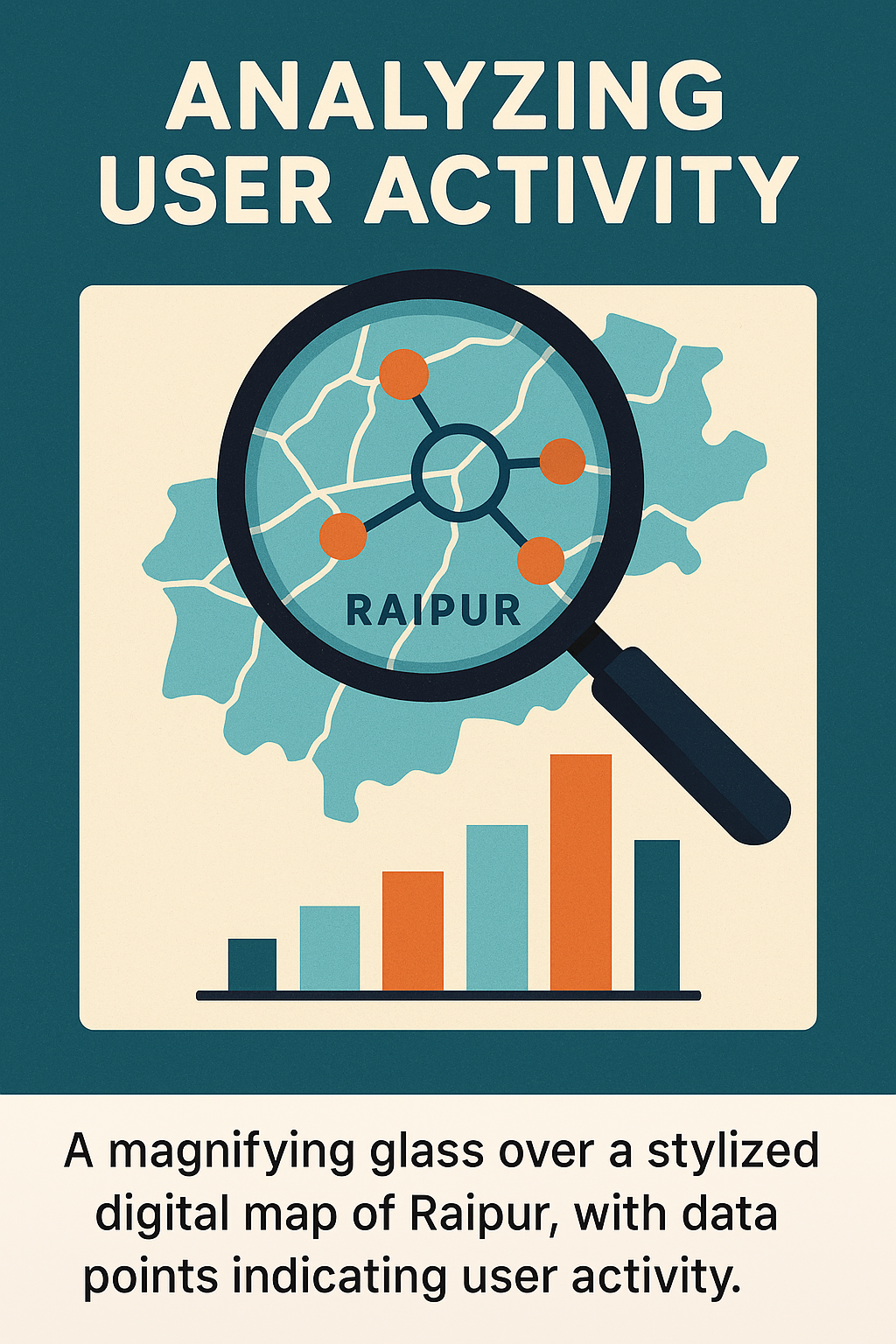 A magnifying glass highlighting a digital map of Raipur with data points and a bar chart below.