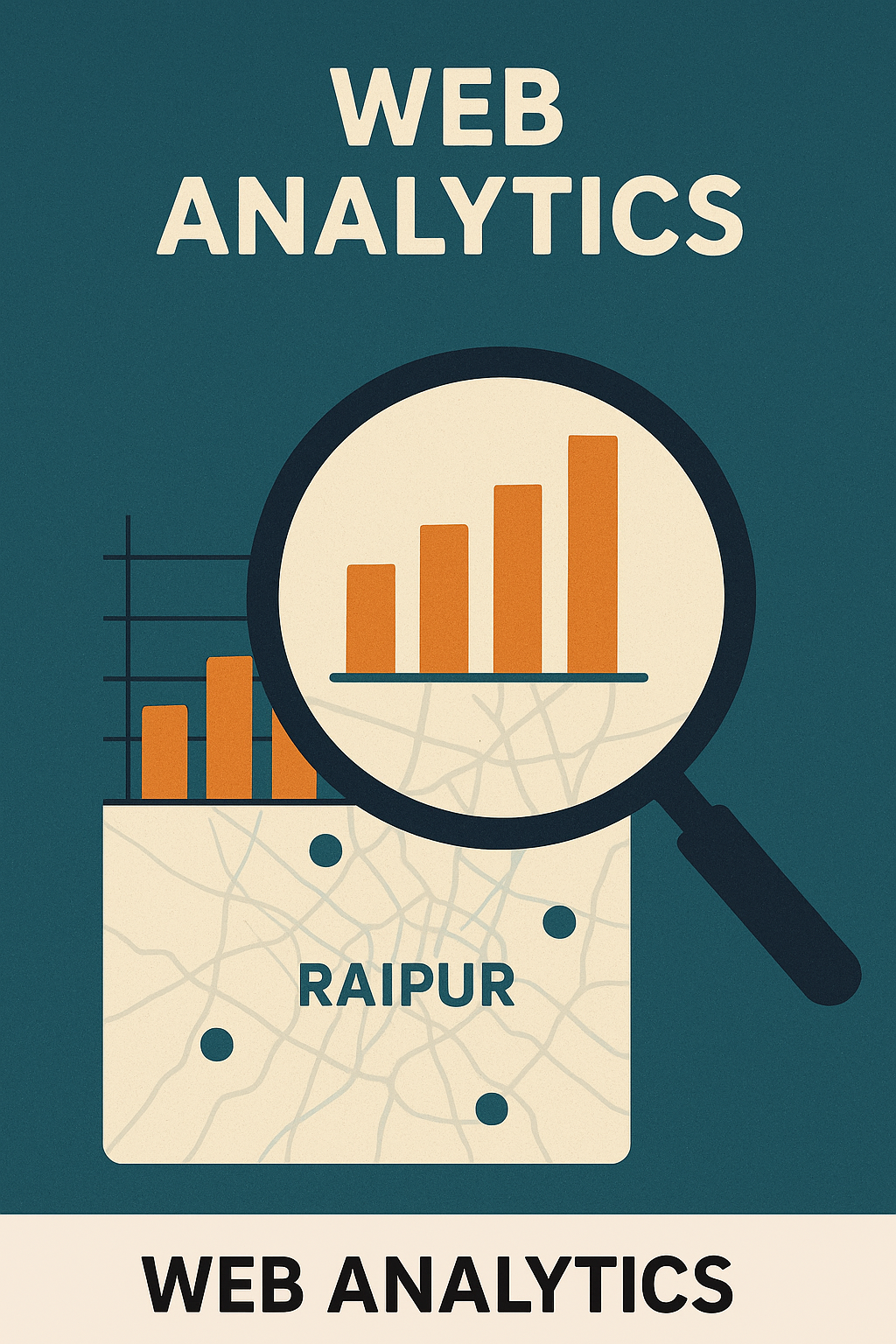 A magnifying glass focusing on a rising bar chart and map labeled "Raipur," symbolizing digital insights.