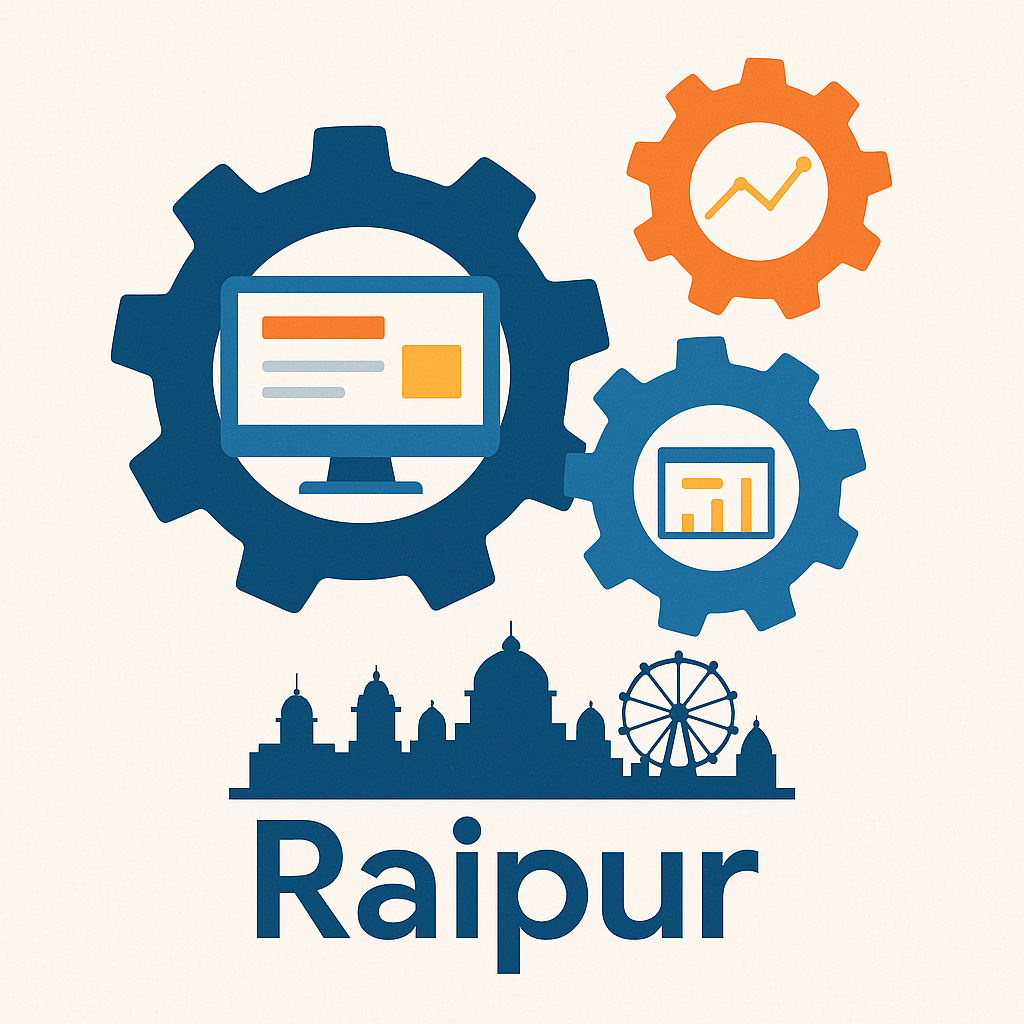 Interlocking gears with digital screens and Raipur's silhouette at the bottom.