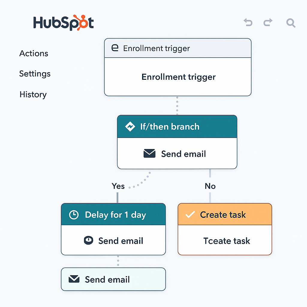 Screenshot of HubSpot’s workflow builder showing automated steps like email sending and task creation.