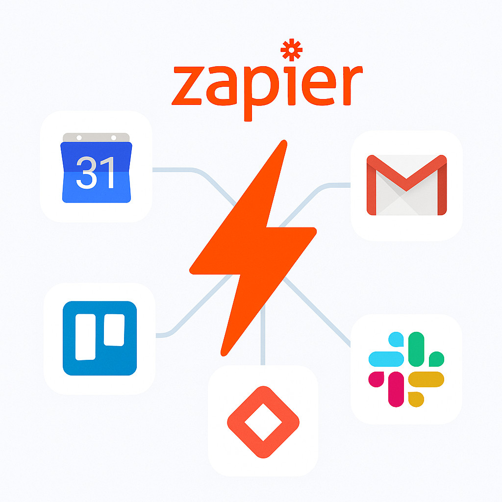 Zapier lightning bolt logo connecting Google Calendar, Gmail, Slack, Trello, and Jira icons.
