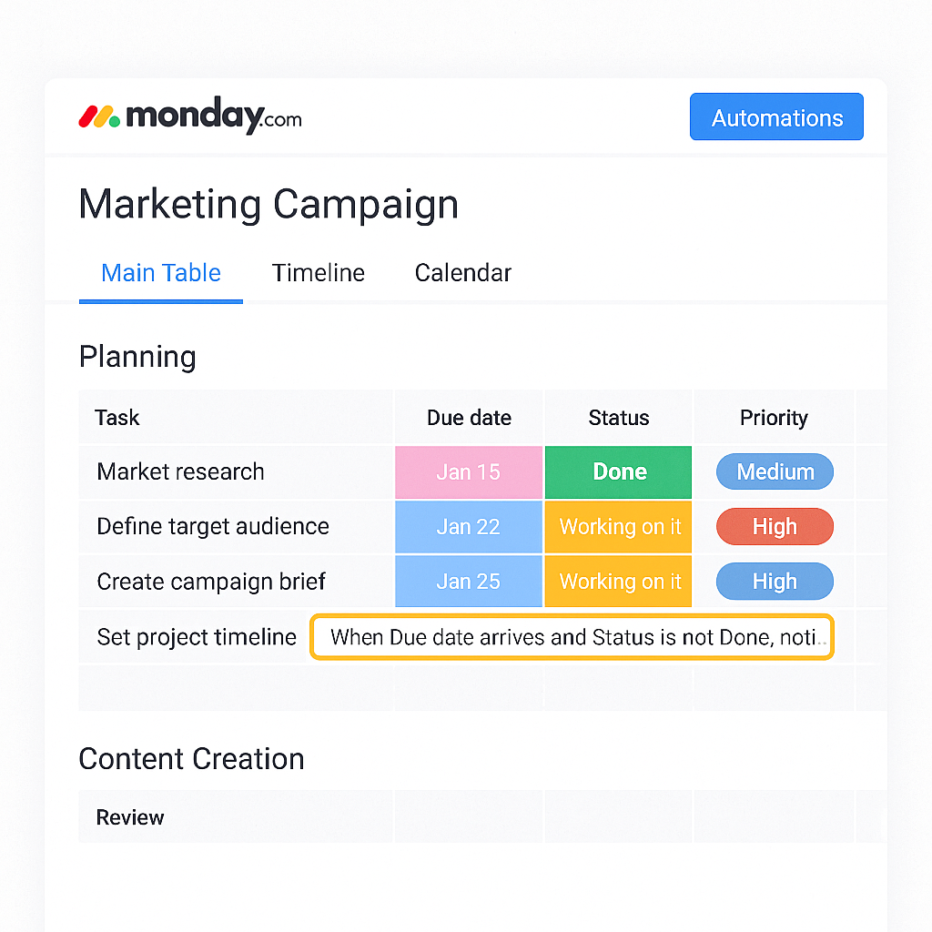 Screenshot of Monday.com board titled "Marketing Campaign" showing tasks, statuses, and a highlighted automation rule.