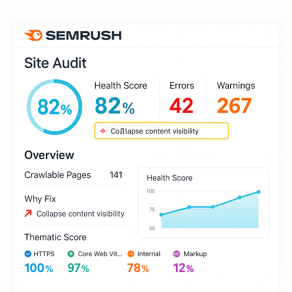 SEMrush site audit screenshot showing health score, errors, warnings, and thematic SEO metrics.