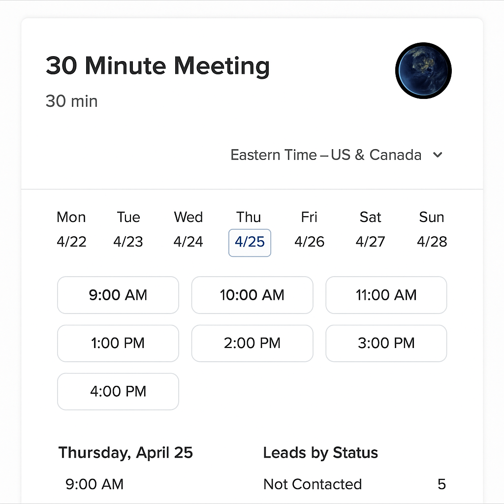 Screenshot of Calendly's 30-minute meeting page with available time slots for April 25.