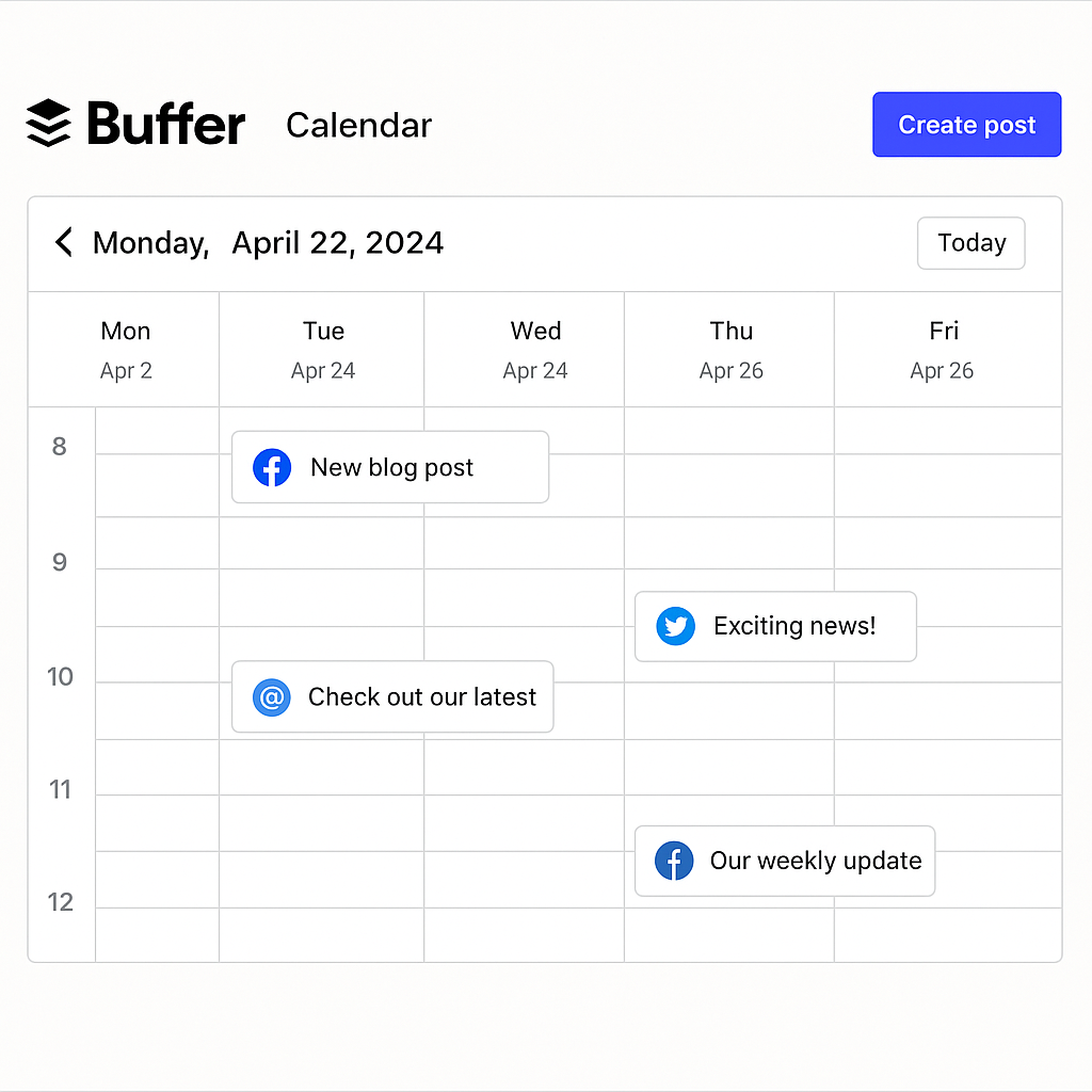 Screenshot of Buffer’s weekly calendar showing scheduled posts for Facebook, Twitter, and Instagram.