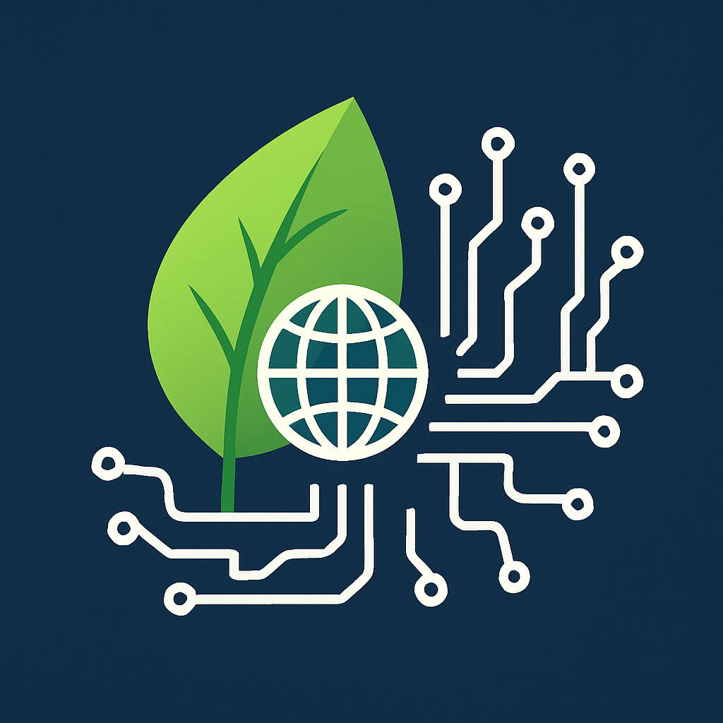 Illustration of a green leaf with a white globe and branching circuit lines symbolizing eco-friendly technology.