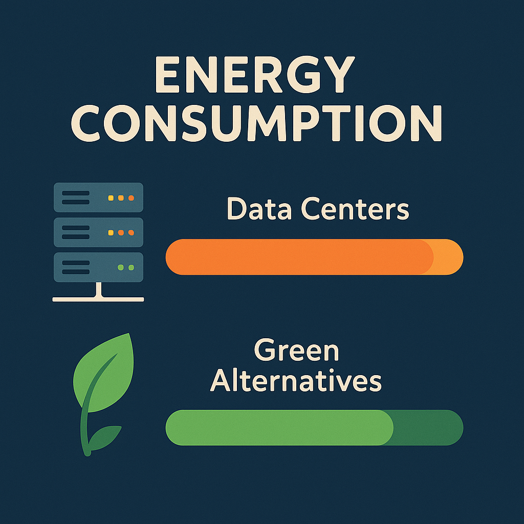 Infographic showing a comparison of energy usage between data centers (orange bar) and green alternatives (green bar).
