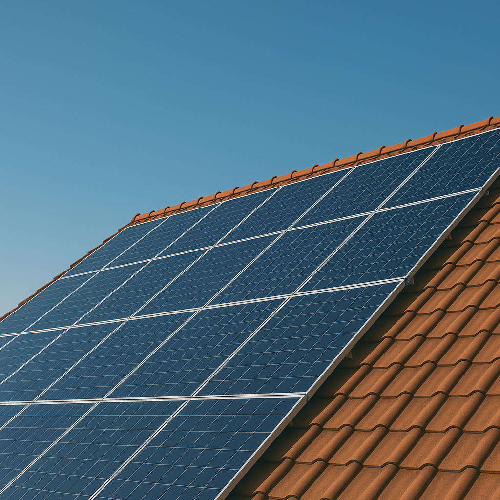 Rooftop covered with solar panels under a clear blue sky.