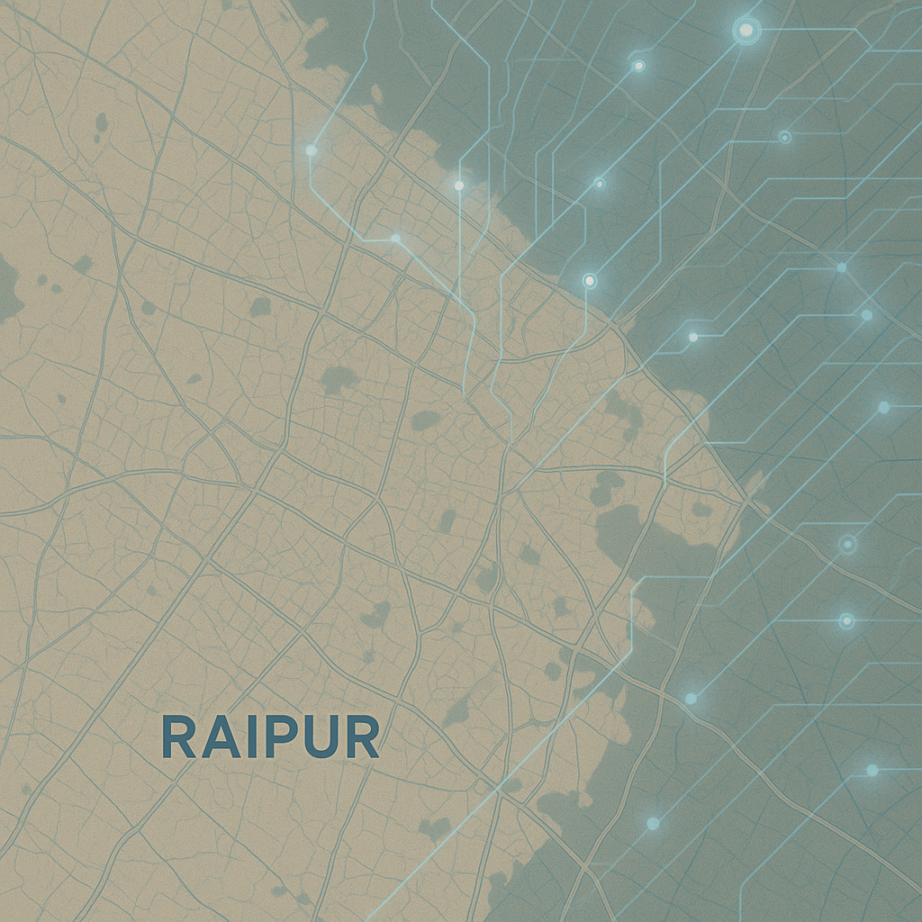 A city map of Raipur overlaid with blue digital circuit lines and glowing network nodes.