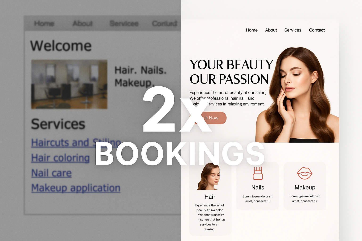 Split-screen comparison of old vs new salon website with "2x Bookings" overlay