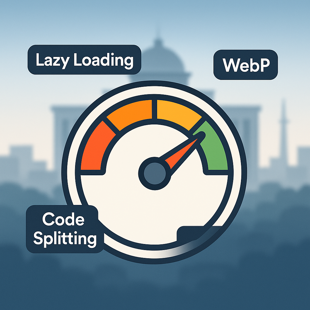 "Speedometer showing web performance optimization with Lazy Loading, WebP, and Code Splitting for Raipur businesses."