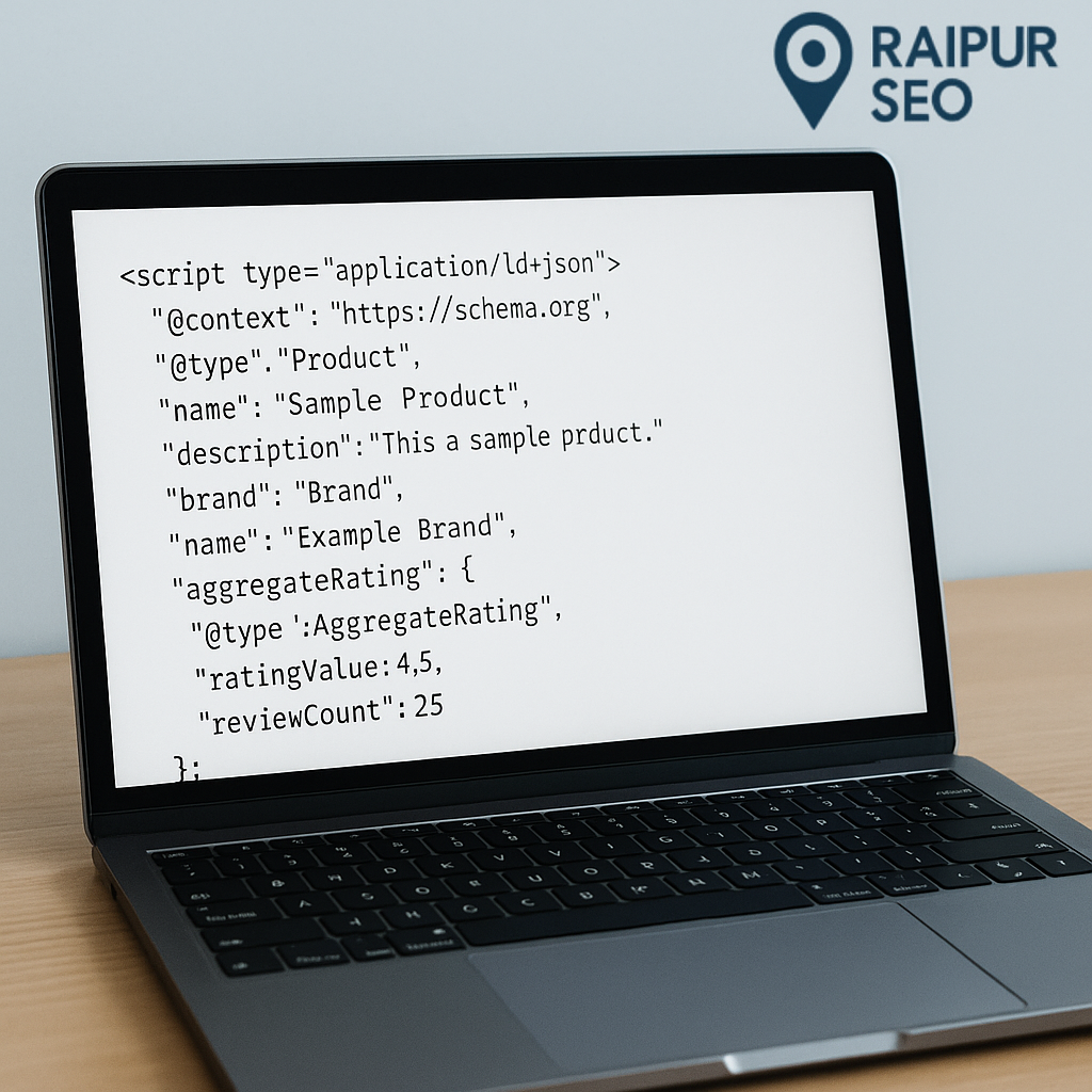 Laptop screen showing structured data code with "Raipur SEO" branding in the background