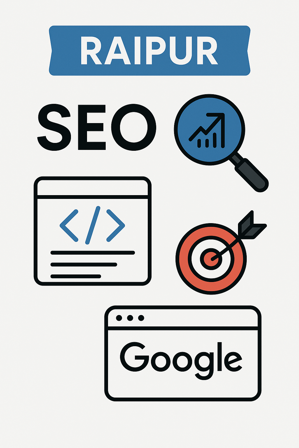 Simplified icon design representing SEO and structured data with Raipur banner
