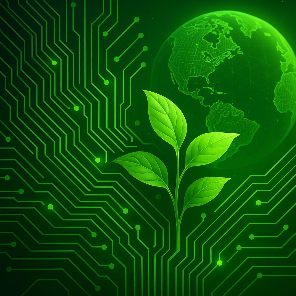 Green circuit board with plant and glowing globe symbolizing technology and nature