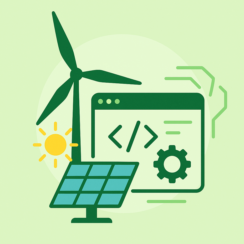 Clean energy symbols including wind turbine and solar panel integrated with website and coding elements