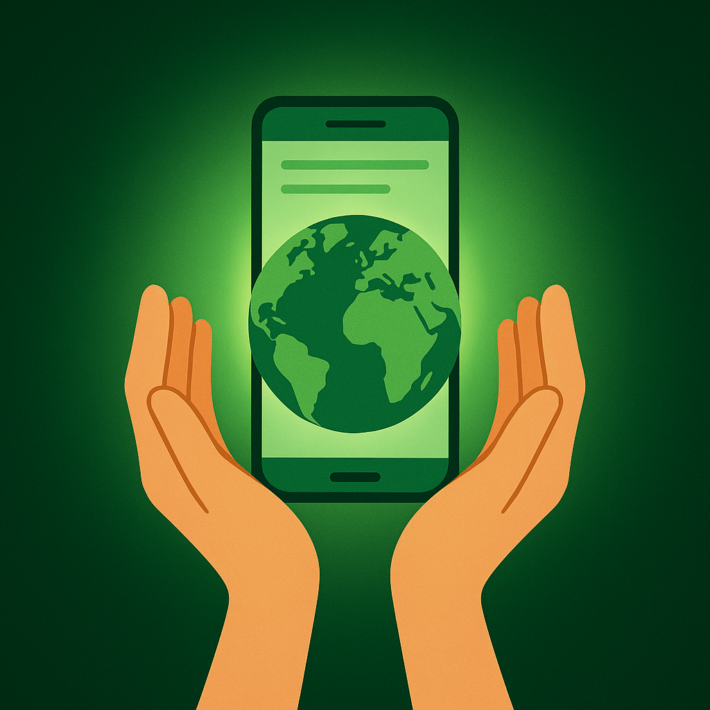 Hands holding a smartphone with Earth on the screen and green glow background