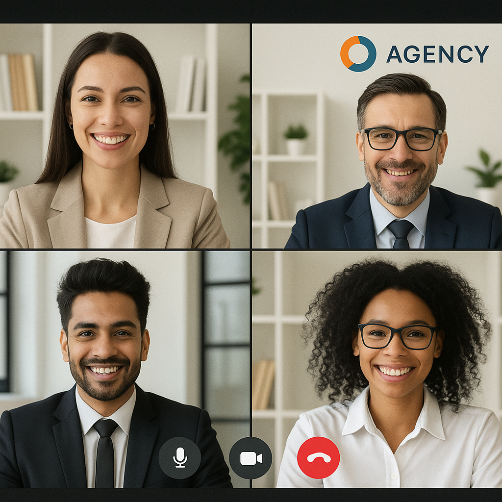 Screenshot of a professional video conference call with four participants and agency logo