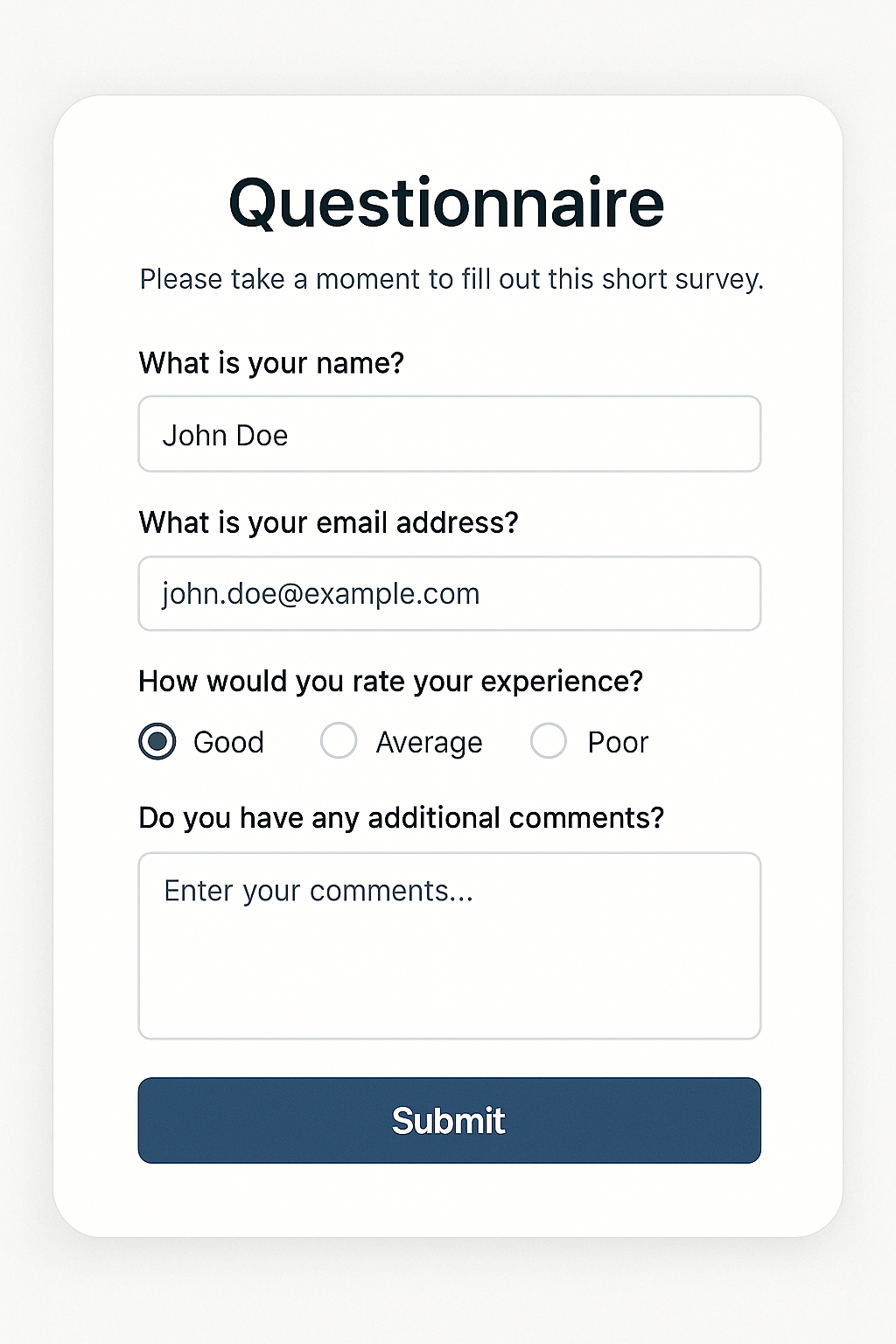 Clean online questionnaire form with name, email, rating, and comments fields