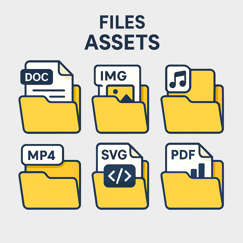 Folder icons with labeled file types including DOC, IMG, MP3, MP4, SVG, and PDF