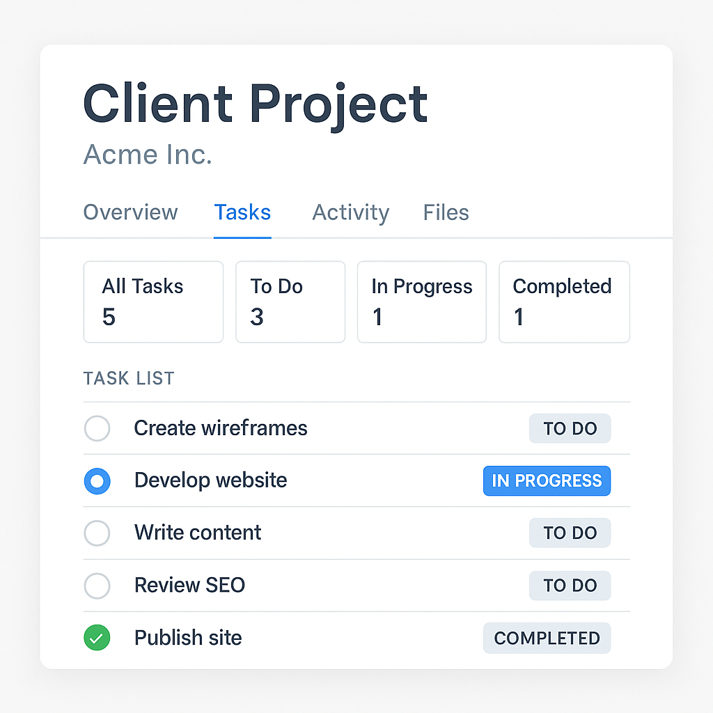 Project management dashboard showing tasks for a client project