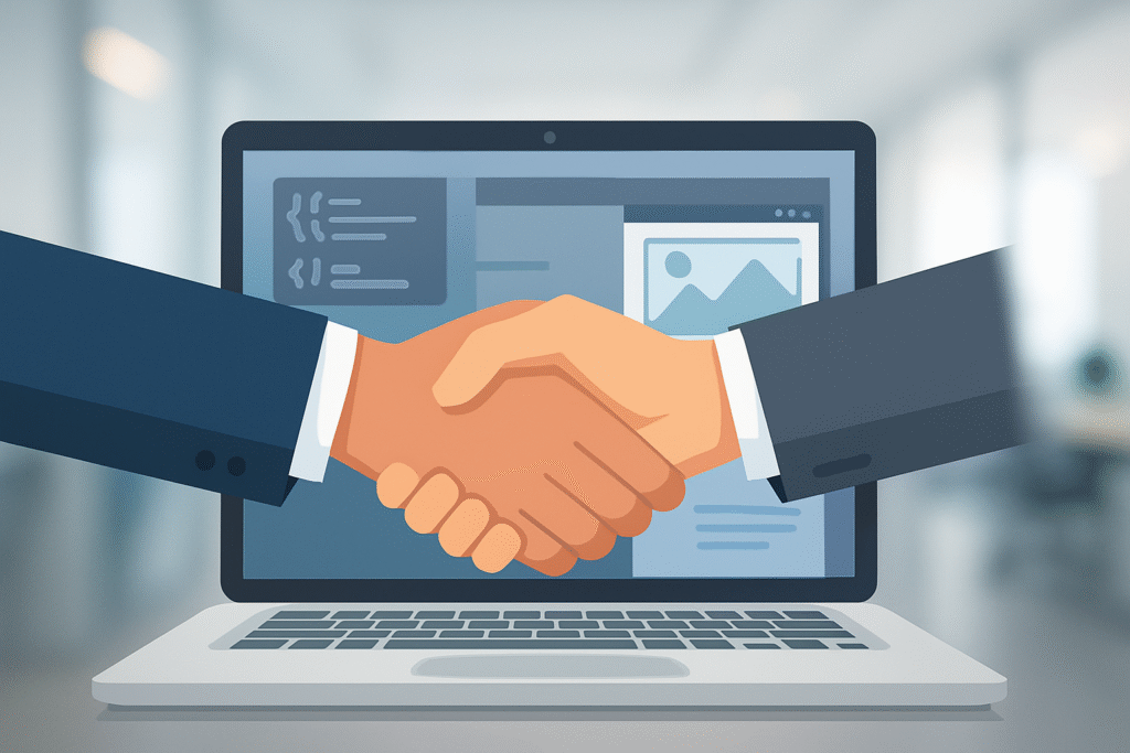 Two hands shaking over a laptop screen displaying web project elements in a blurred office background
