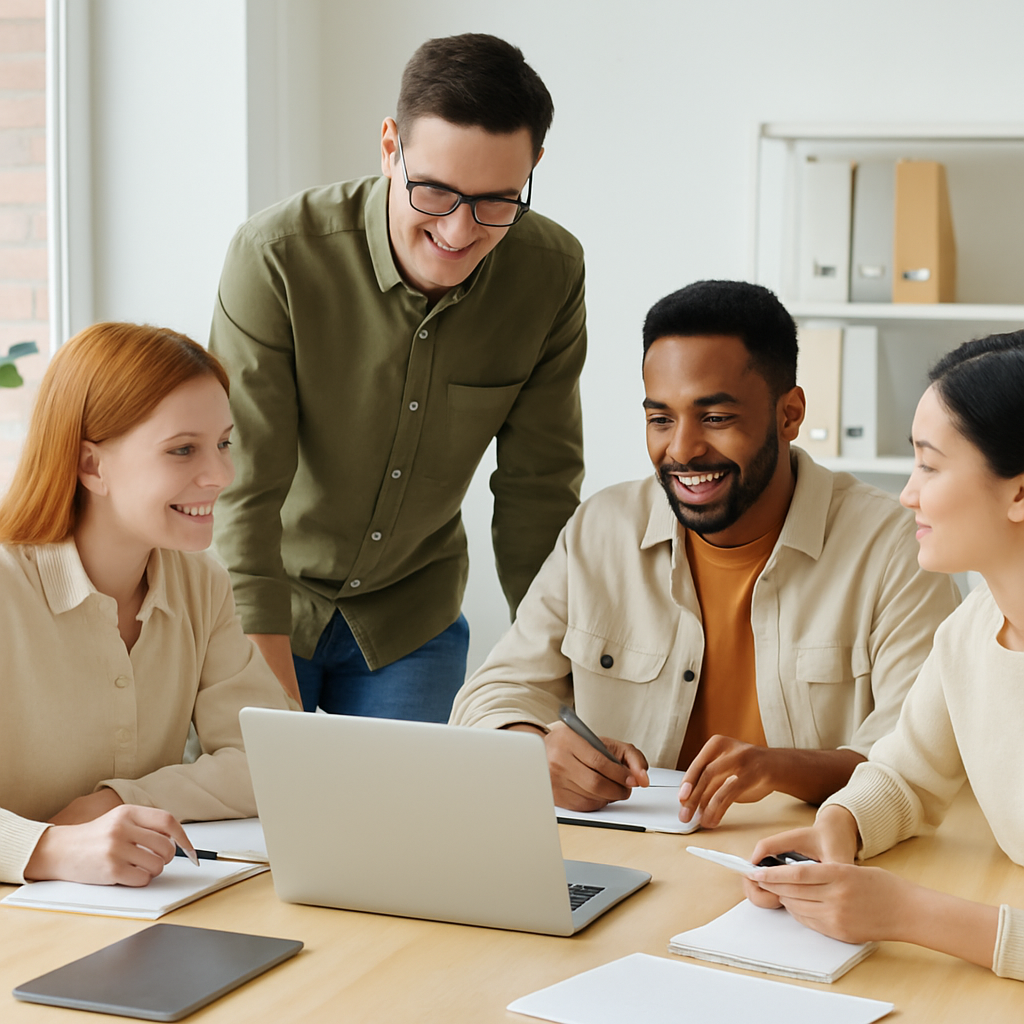 Digital agency team collaborating around a table in a bright modern office