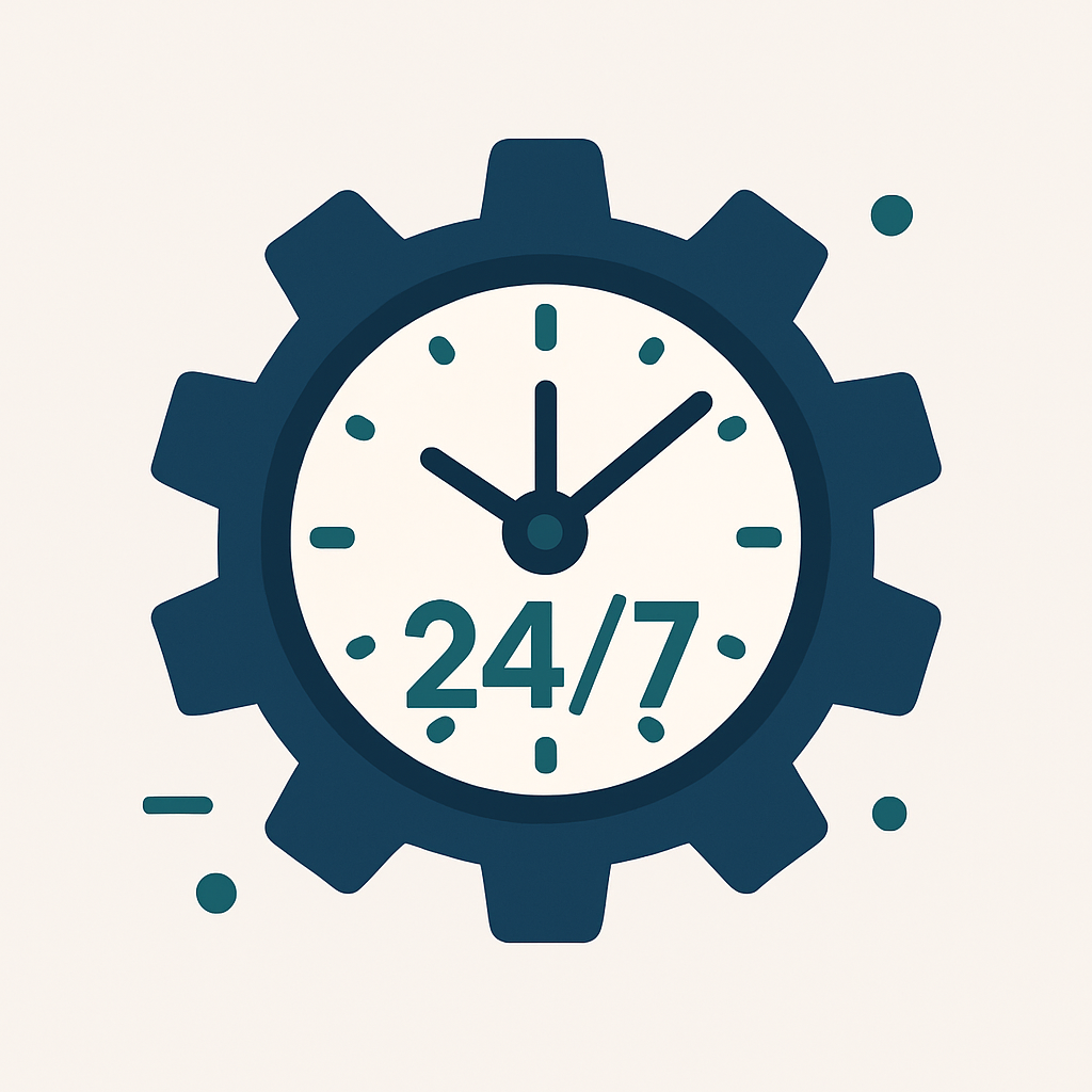 Stylized clock inside a gear with "24/7" text representing automation and continuous service